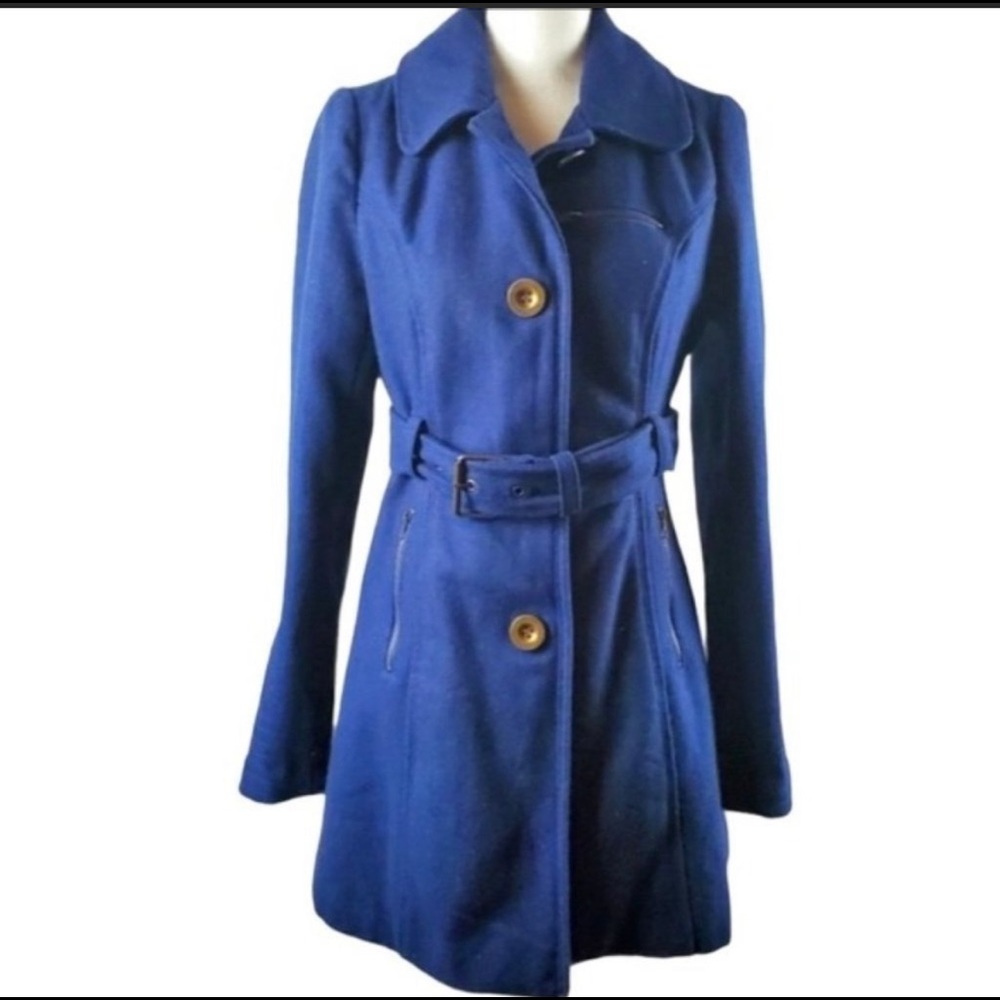 RARE** Anthropologie Tulle Blue Wool Peacoat edgy metal accents Medium Anthro